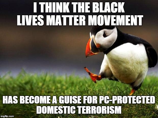 Unpopular Opinion Puffin | I THINK THE BLACK LIVES MATTER MOVEMENT HAS BECOME A GUISE FOR PC-PROTECTED DOMESTIC TERRORISM | image tagged in memes,unpopular opinion puffin | made w/ Imgflip meme maker