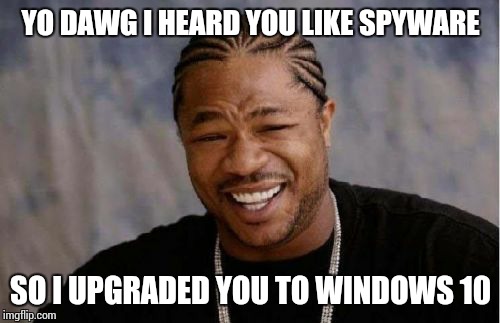 Yo Dawg Heard You | YO DAWG I HEARD YOU LIKE SPYWARE SO I UPGRADED YOU TO WINDOWS 10 | image tagged in memes,yo dawg heard you | made w/ Imgflip meme maker