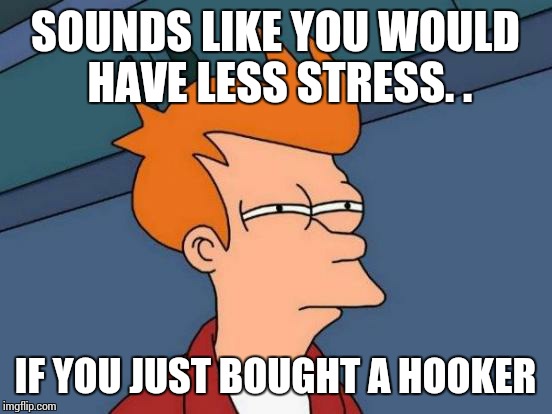 Futurama Fry Meme | SOUNDS LIKE YOU WOULD HAVE LESS STRESS. . IF YOU JUST BOUGHT A HOOKER | image tagged in memes,futurama fry | made w/ Imgflip meme maker