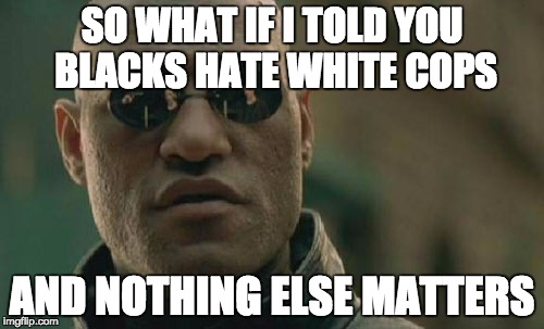 Matrix Morpheus Meme | SO WHAT IF I TOLD YOU BLACKS HATE WHITE COPS AND NOTHING ELSE MATTERS | image tagged in memes,matrix morpheus | made w/ Imgflip meme maker