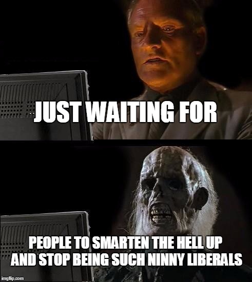 I'll Just Wait Here Meme | JUST WAITING FOR PEOPLE TO SMARTEN THE HELL UP AND STOP BEING SUCH NINNY LIBERALS | image tagged in memes,ill just wait here | made w/ Imgflip meme maker