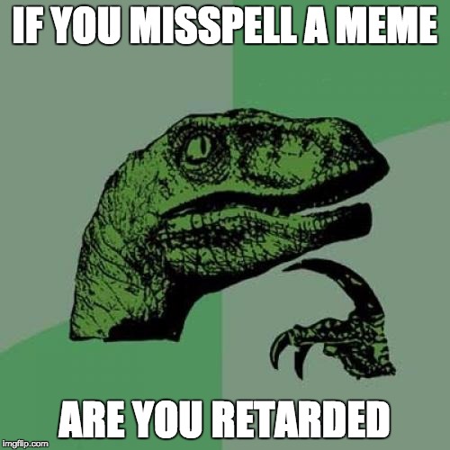 Philosoraptor Meme | IF YOU MISSPELL A MEME ARE YOU RETARDED | image tagged in memes,philosoraptor | made w/ Imgflip meme maker