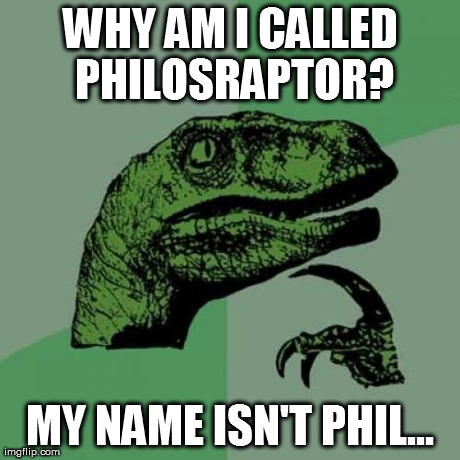 Philosoraptor Meme | WHY AM I CALLED PHILOSRAPTOR? MY NAME ISN'T PHIL... | image tagged in memes,philosoraptor | made w/ Imgflip meme maker
