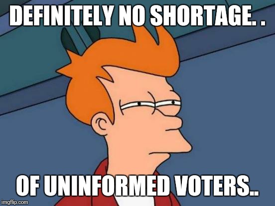 Futurama Fry Meme | DEFINITELY NO SHORTAGE. . OF UNINFORMED VOTERS.. | image tagged in memes,futurama fry | made w/ Imgflip meme maker