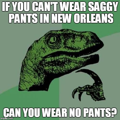 Philosoraptor | IF YOU CAN'T WEAR SAGGY PANTS IN NEW ORLEANS CAN YOU WEAR NO PANTS? | image tagged in memes,philosoraptor | made w/ Imgflip meme maker