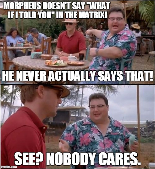 See Nobody Cares | MORPHEUS DOESN'T SAY "WHAT IF I TOLD YOU" IN THE MATRIX! SEE? NOBODY CARES. HE NEVER ACTUALLY SAYS THAT! | image tagged in memes,see nobody cares | made w/ Imgflip meme maker