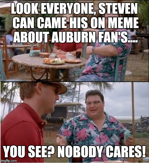 See Nobody Cares Meme | LOOK EVERYONE, STEVEN CAN CAME HIS ON MEME ABOUT AUBURN FAN'S.... YOU SEE? NOBODY CARES! | image tagged in memes,see nobody cares | made w/ Imgflip meme maker
