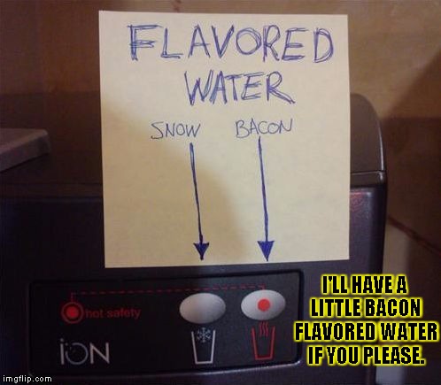 I'LL HAVE A LITTLE BACON FLAVORED WATER IF YOU PLEASE. | image tagged in flavored water | made w/ Imgflip meme maker