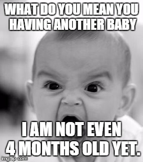 Angry Baby Meme | WHAT DO YOU MEAN YOU HAVING ANOTHER BABY I AM NOT EVEN 4 MONTHS OLD YET. | image tagged in memes,angry baby | made w/ Imgflip meme maker