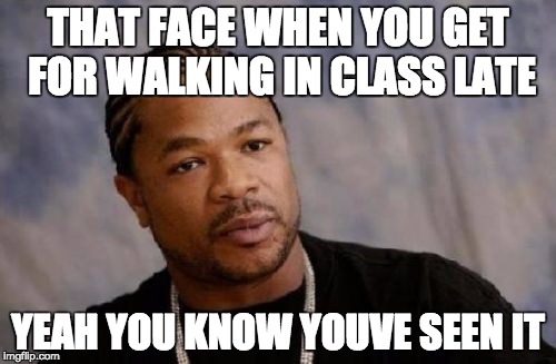 Serious Xzibit Meme | THAT FACE WHEN YOU GET FOR WALKING IN CLASS LATE YEAH YOU KNOW YOUVE SEEN IT | image tagged in memes,serious xzibit | made w/ Imgflip meme maker