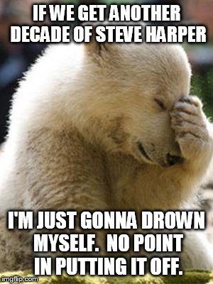 Facepalm Bear | IF WE GET ANOTHER DECADE OF STEVE HARPER I'M JUST GONNA DROWN MYSELF.  NO POINT IN PUTTING IT OFF. | image tagged in memes,facepalm bear | made w/ Imgflip meme maker