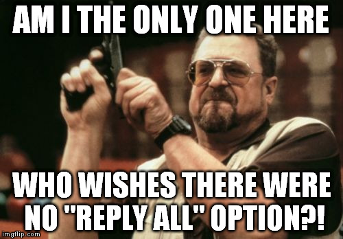 Am I The Only One Around Here Meme | AM I THE ONLY ONE HERE WHO WISHES THERE WERE NO "REPLY ALL" OPTION?! | image tagged in memes,am i the only one around here | made w/ Imgflip meme maker