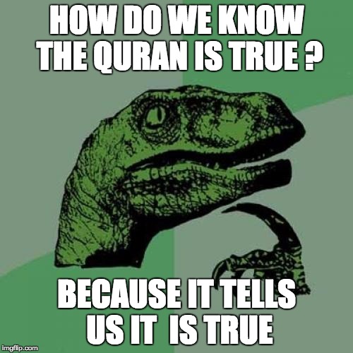 Philosoraptor | HOW DO WE KNOW THE QURAN IS TRUE ? BECAUSE IT TELLS US IT  IS TRUE | image tagged in memes,philosoraptor | made w/ Imgflip meme maker