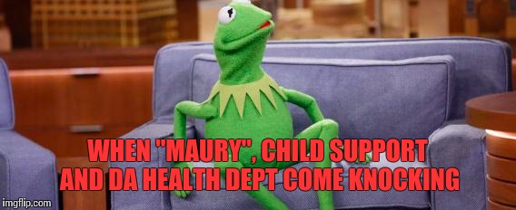 kermit couch | WHEN "MAURY", CHILD SUPPORT AND DA HEALTH DEPT COME KNOCKING | image tagged in kermit couch | made w/ Imgflip meme maker