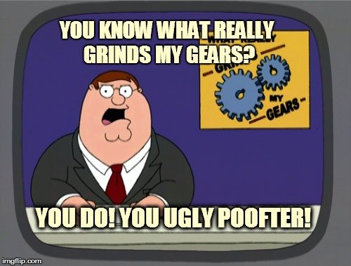Peter Griffin News Meme | YOU KNOW WHAT REALLY GRINDS MY GEARS? YOU DO! YOU UGLY POOFTER! | image tagged in memes,peter griffin news | made w/ Imgflip meme maker