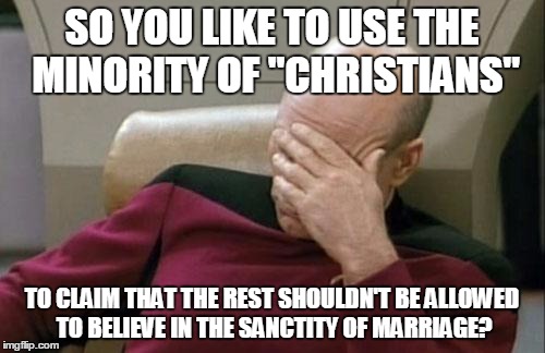 Captain Picard Facepalm Meme | SO YOU LIKE TO USE THE MINORITY OF "CHRISTIANS" TO CLAIM THAT THE REST SHOULDN'T BE ALLOWED TO BELIEVE IN THE SANCTITY OF MARRIAGE? | image tagged in memes,captain picard facepalm | made w/ Imgflip meme maker