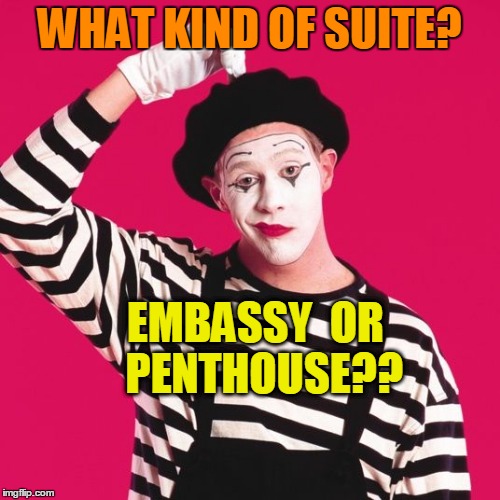 confused mime | WHAT KIND OF SUITE? EMBASSY  OR  PENTHOUSE?? | image tagged in confused mime | made w/ Imgflip meme maker