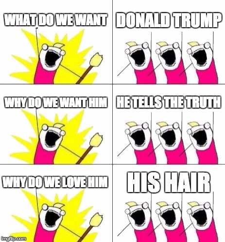 What Do We Want 3 | WHAT DO WE WANT DONALD TRUMP WHY DO WE WANT HIM HE TELLS THE TRUTH WHY DO WE LOVE HIM HIS HAIR | image tagged in memes,what do we want 3 | made w/ Imgflip meme maker