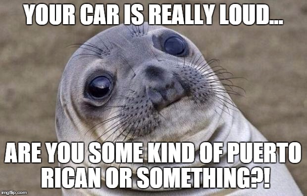 Awkward Moment Sealion | YOUR CAR IS REALLY LOUD... ARE YOU SOME KIND OF PUERTO RICAN OR SOMETHING?! | image tagged in memes,awkward moment sealion,AdviceAnimals | made w/ Imgflip meme maker