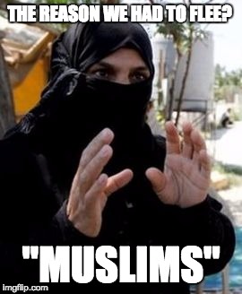 "Refugees" | THE REASON WE HAD TO FLEE? "MUSLIMS" | image tagged in refugees | made w/ Imgflip meme maker