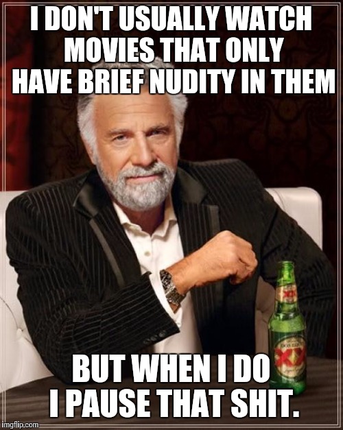 The Most Interesting Man In The World | I DON'T USUALLY WATCH MOVIES THAT ONLY HAVE BRIEF NUDITY IN THEM BUT WHEN I DO I PAUSE THAT SHIT. | image tagged in memes,the most interesting man in the world | made w/ Imgflip meme maker