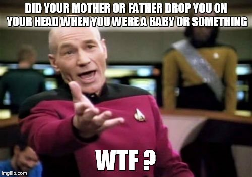 Picard Wtf | DID YOUR MOTHER OR FATHER DROP YOU ON YOUR HEAD WHEN YOU WERE A BABY OR SOMETHING WTF ? | image tagged in memes,picard wtf | made w/ Imgflip meme maker