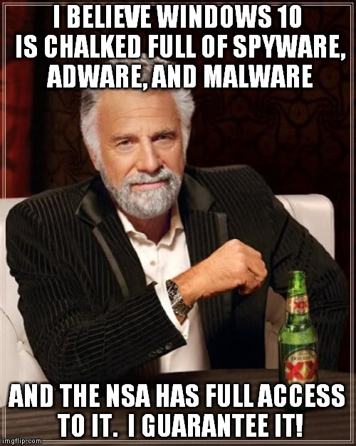 The Most Interesting Man In The World Meme | I BELIEVE WINDOWS 10 IS CHALKED FULL OF SPYWARE, ADWARE, AND MALWARE AND THE NSA HAS FULL ACCESS TO IT.  I GUARANTEE IT! | image tagged in memes,the most interesting man in the world | made w/ Imgflip meme maker