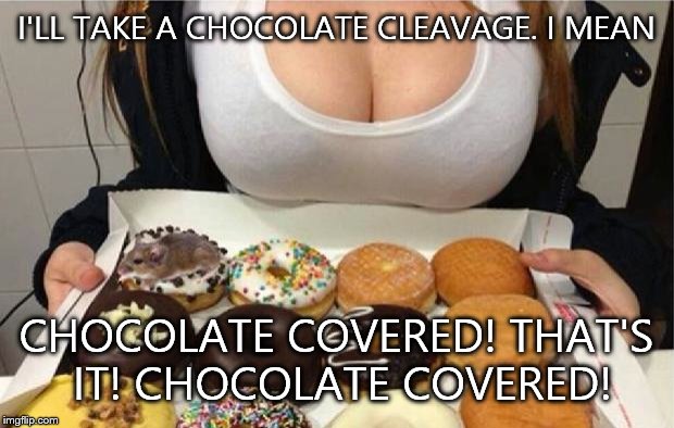 Donut cleavage  | I'LL TAKE A CHOCOLATE CLEAVAGE. I MEAN CHOCOLATE COVERED! THAT'S IT! CHOCOLATE COVERED! | image tagged in oh wow doughnuts,cleavage,chocolate,covered,donuts | made w/ Imgflip meme maker