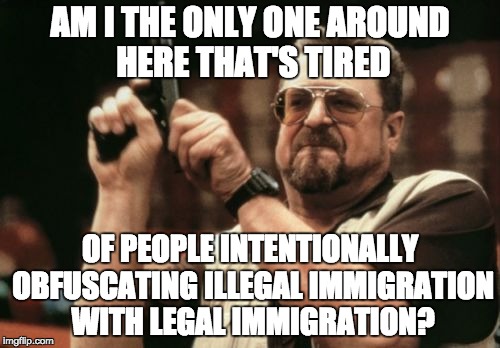 Am I The Only One Around Here Meme | AM I THE ONLY ONE AROUND HERE THAT'S TIRED OF PEOPLE INTENTIONALLY OBFUSCATING ILLEGAL IMMIGRATION WITH LEGAL IMMIGRATION? | image tagged in memes,am i the only one around here | made w/ Imgflip meme maker