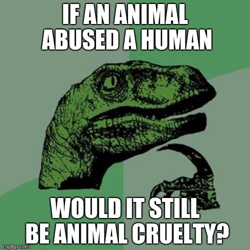 Philosoraptor Meme | IF AN ANIMAL ABUSED A HUMAN WOULD IT STILL BE ANIMAL CRUELTY? | image tagged in memes,philosoraptor | made w/ Imgflip meme maker