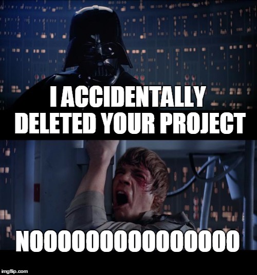 Star Wars No Meme | I ACCIDENTALLY DELETED YOUR PROJECT NOOOOOOOOOOOOOOO | image tagged in memes,star wars no | made w/ Imgflip meme maker