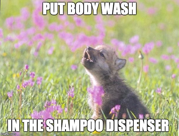 Baby Insanity Wolf | PUT BODY WASH IN THE SHAMPOO DISPENSER | image tagged in memes,baby insanity wolf | made w/ Imgflip meme maker