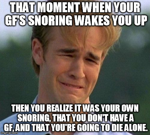 1990s First World Problems Meme | THAT MOMENT WHEN YOUR GF'S SNORING WAKES YOU UP THEN YOU REALIZE IT WAS YOUR OWN SNORING, THAT YOU DON'T HAVE A GF, AND THAT YOU'RE GOING TO | image tagged in memes,1990s first world problems | made w/ Imgflip meme maker