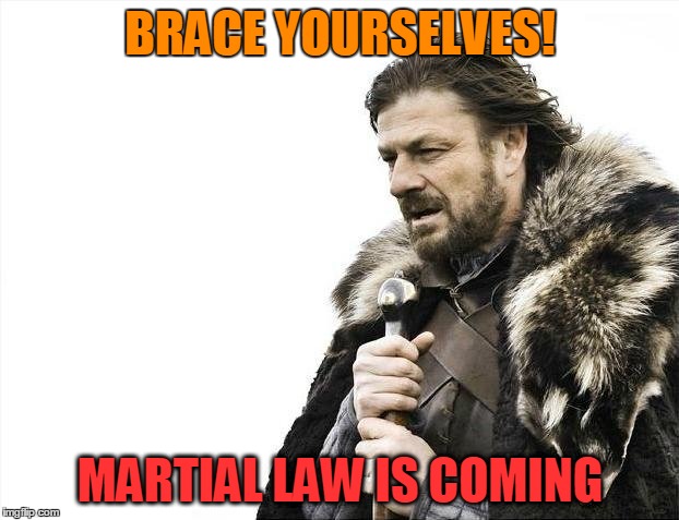 Brace Yourselves X is Coming Meme | BRACE YOURSELVES! MARTIAL LAW IS COMING | image tagged in memes,brace yourselves x is coming | made w/ Imgflip meme maker