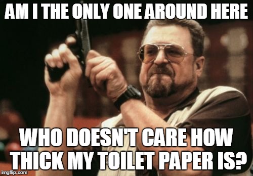 Am I The Only One Around Here Meme | AM I THE ONLY ONE AROUND HERE WHO DOESN'T CARE HOW THICK MY TOILET PAPER IS? | image tagged in memes,am i the only one around here | made w/ Imgflip meme maker