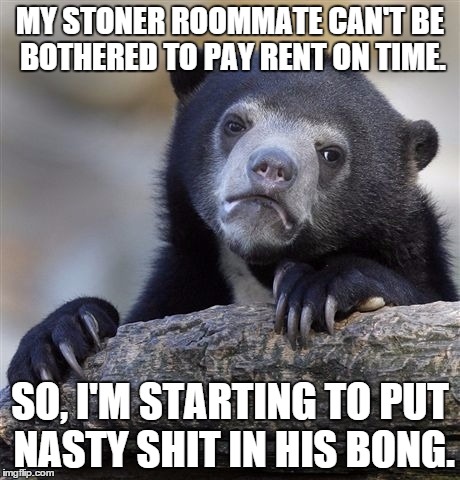 Confession Bear | MY STONER ROOMMATE CAN'T BE BOTHERED TO PAY RENT ON TIME. SO, I'M STARTING TO PUT NASTY SHIT IN HIS BONG. | image tagged in memes,confession bear | made w/ Imgflip meme maker