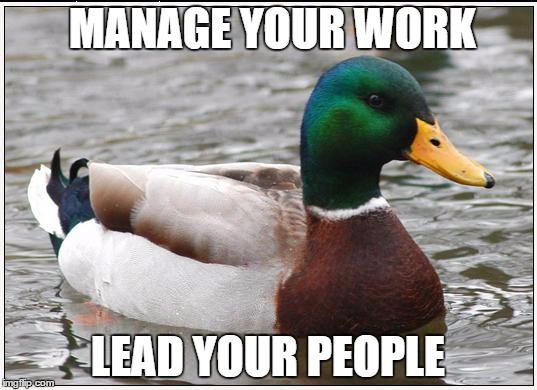 Actual Advice Mallard Meme | MANAGE YOUR WORK LEAD YOUR PEOPLE | image tagged in memes,actual advice mallard,AdviceAnimals | made w/ Imgflip meme maker