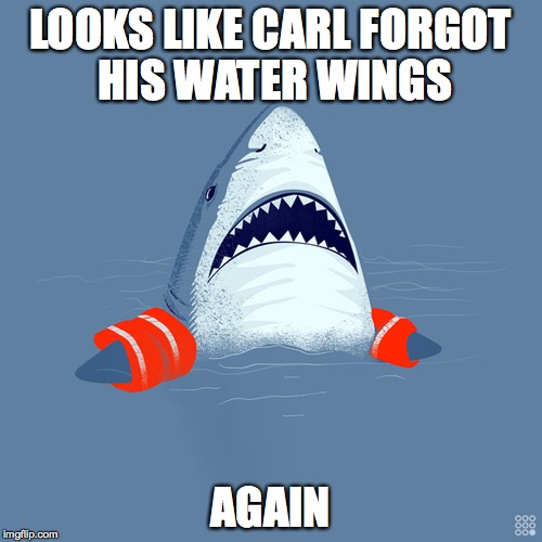 Water Wings | LOOKS LIKE CARL FORGOT HIS WATER WINGS AGAIN | image tagged in carl,water wings,shark,looks like carl forgot his water wings again | made w/ Imgflip meme maker