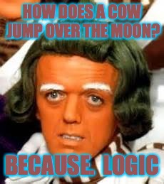 HOW DOES A COW JUMP OVER THE MOON? BECAUSE.  LOGIC | image tagged in because logic | made w/ Imgflip meme maker