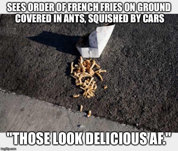 SEES ORDER OF FRENCH FRIES ON GROUND COVERED IN ANTS, SQUISHED BY CARS "THOSE LOOK DELICIOUS AF." | made w/ Imgflip meme maker