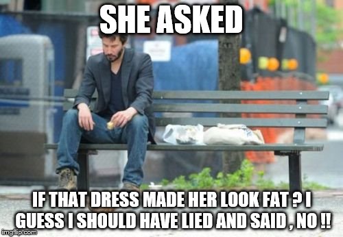 Sad Keanu | SHE ASKED IF THAT DRESS MADE HER LOOK FAT ?
I GUESS I SHOULD HAVE LIED AND SAID , NO !! | image tagged in memes,sad keanu | made w/ Imgflip meme maker