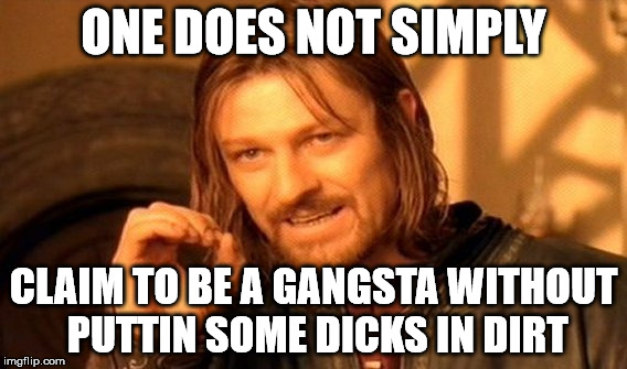 One Does Not Simply Meme | ONE DOES NOT SIMPLY CLAIM TO BE A GANGSTA WITHOUT PUTTIN SOME DICKS IN DIRT | image tagged in memes,one does not simply | made w/ Imgflip meme maker