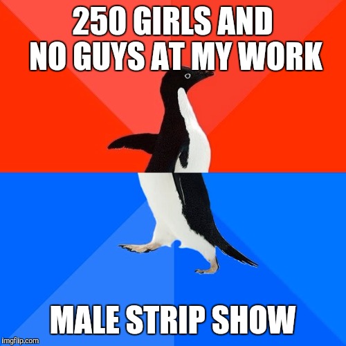 Socially Awesome Awkward Penguin | 250 GIRLS AND NO GUYS AT MY WORK MALE STRIP SHOW | image tagged in memes,socially awesome awkward penguin,AdviceAnimals | made w/ Imgflip meme maker