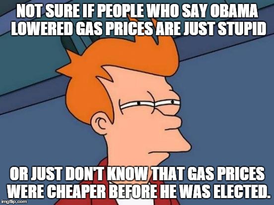 Futurama Fry | NOT SURE IF PEOPLE WHO SAY OBAMA LOWERED GAS PRICES ARE JUST STUPID OR JUST DON'T KNOW THAT GAS PRICES WERE CHEAPER BEFORE HE WAS ELECTED. | image tagged in memes,futurama fry | made w/ Imgflip meme maker