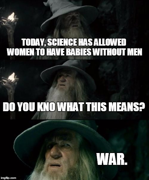 Lord Of The Rings - Gender Wars | TODAY, SCIENCE HAS ALLOWED WOMEN TO HAVE BABIES WITHOUT MEN DO YOU KNO WHAT THIS MEANS? WAR. | image tagged in memes,confused gandalf,gender wars | made w/ Imgflip meme maker