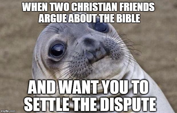 I just wanted to watch Furious 7... | WHEN TWO CHRISTIAN FRIENDS ARGUE ABOUT THE BIBLE AND WANT YOU TO SETTLE THE DISPUTE | image tagged in memes,awkward moment sealion | made w/ Imgflip meme maker