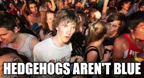 ermagherd sanic | HEDGEHOGS AREN'T BLUE | image tagged in memes,sudden clarity clarence,sonic | made w/ Imgflip meme maker