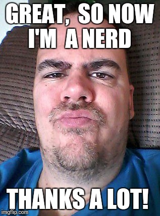 Scowl | GREAT,  SO NOW I'M  A NERD THANKS A LOT! | image tagged in scowl | made w/ Imgflip meme maker