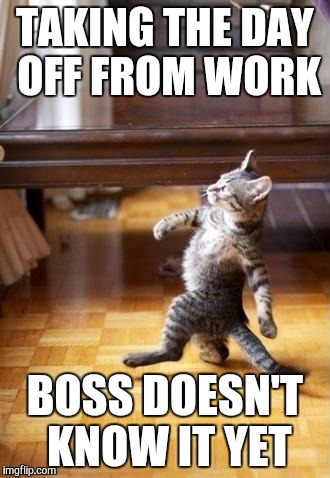 Cool Cat Stroll | TAKING THE DAY OFF FROM WORK BOSS DOESN'T KNOW IT YET | image tagged in memes,cool cat stroll | made w/ Imgflip meme maker