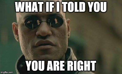 Matrix Morpheus Meme | WHAT IF I TOLD YOU YOU ARE RIGHT | image tagged in memes,matrix morpheus | made w/ Imgflip meme maker